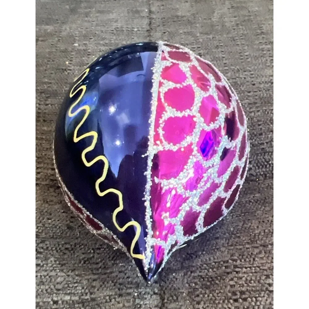 Hand Painted Blown Glass Spire Purple & Blue With Glitter Vintage Christmas Orna